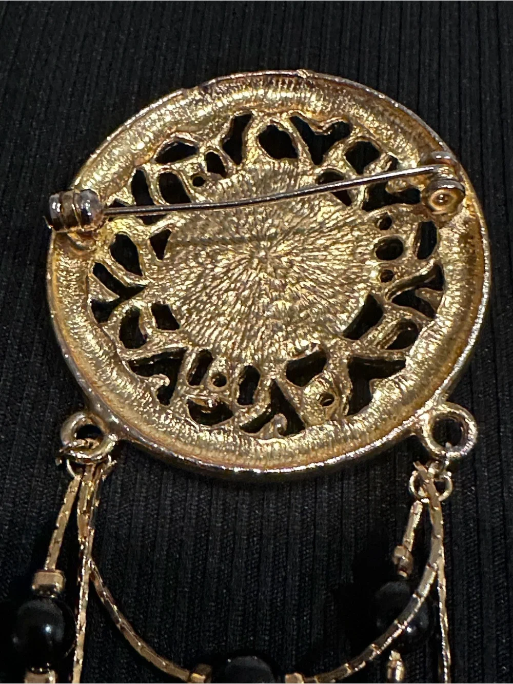 Vintage 1970s Victorian Revival Gold Tone Swag Brooch with Black Bead Dangles